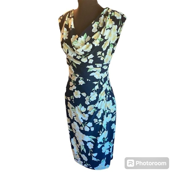 Ralph Lauren Navy Sleeveless Cowl Neck Yellow Floral Dress, size 2 - Picture 3 of 13